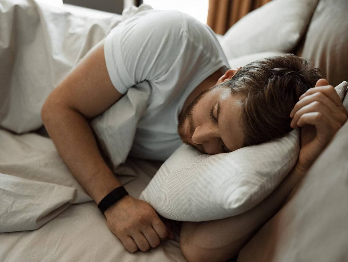 Uomo che dorme sul fianco fra i cuscini